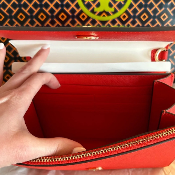Tory Burch Emerson Chain Wallet Crossbody Bag Bright Samba Gold Red - Picture 8 of 14